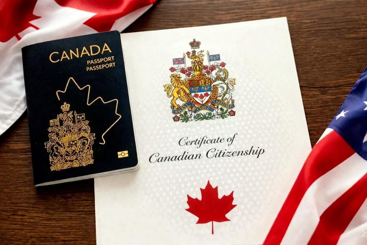 A Canadian passport resting beside a Certificate of Canadian Citizenship on a wooden table.