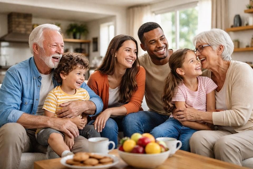 Three generations of one family sitting together on a sofa and laughing.