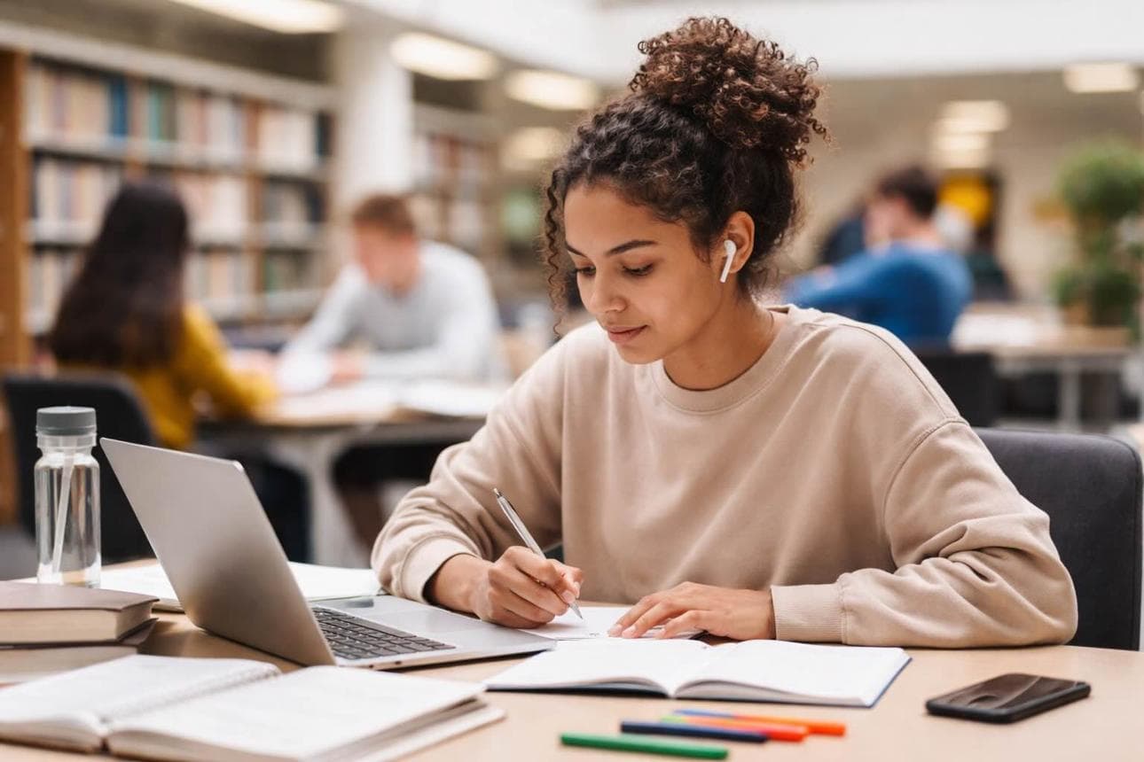 A student signing a document at a library table, with an open laptop and notebooks beside her.