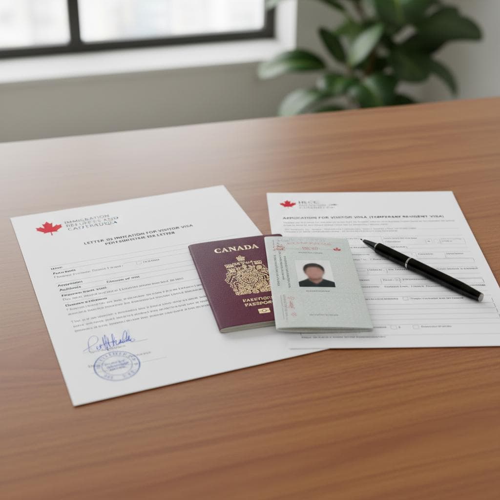 A Canadian passport, a visitor visa application form and a signed letter of invitation laid out on a desk.