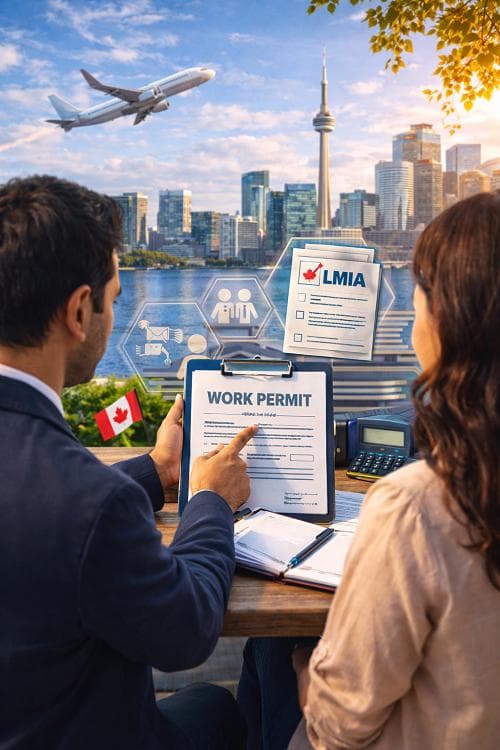 Two advisers reviewing a work permit application on a clipboard, with an LMIA document and a city skyline behind them.